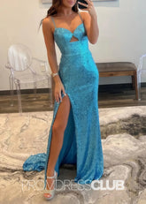 Martha |Black Long Prom Dresses Near Me With Sheath Spaghetti Strap Sequin Mermaid Slit - Price #price_variant_lowest# - Blue - PromDressClub